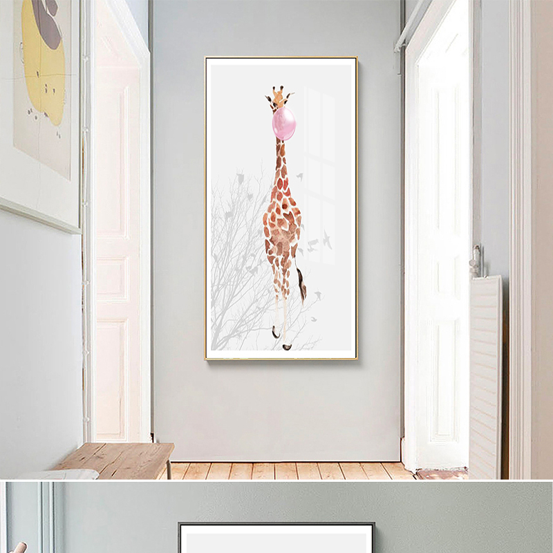 北欧风格卡通长颈鹿吹气球玄关装饰画