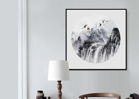 原创新中式意境水墨山水白鹤艺术装饰画