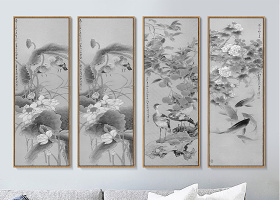 中式水墨花鱼画沙发背景墙四联装饰画
