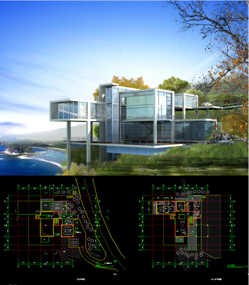 原创现代豪华海景别墅全景CAD图纸