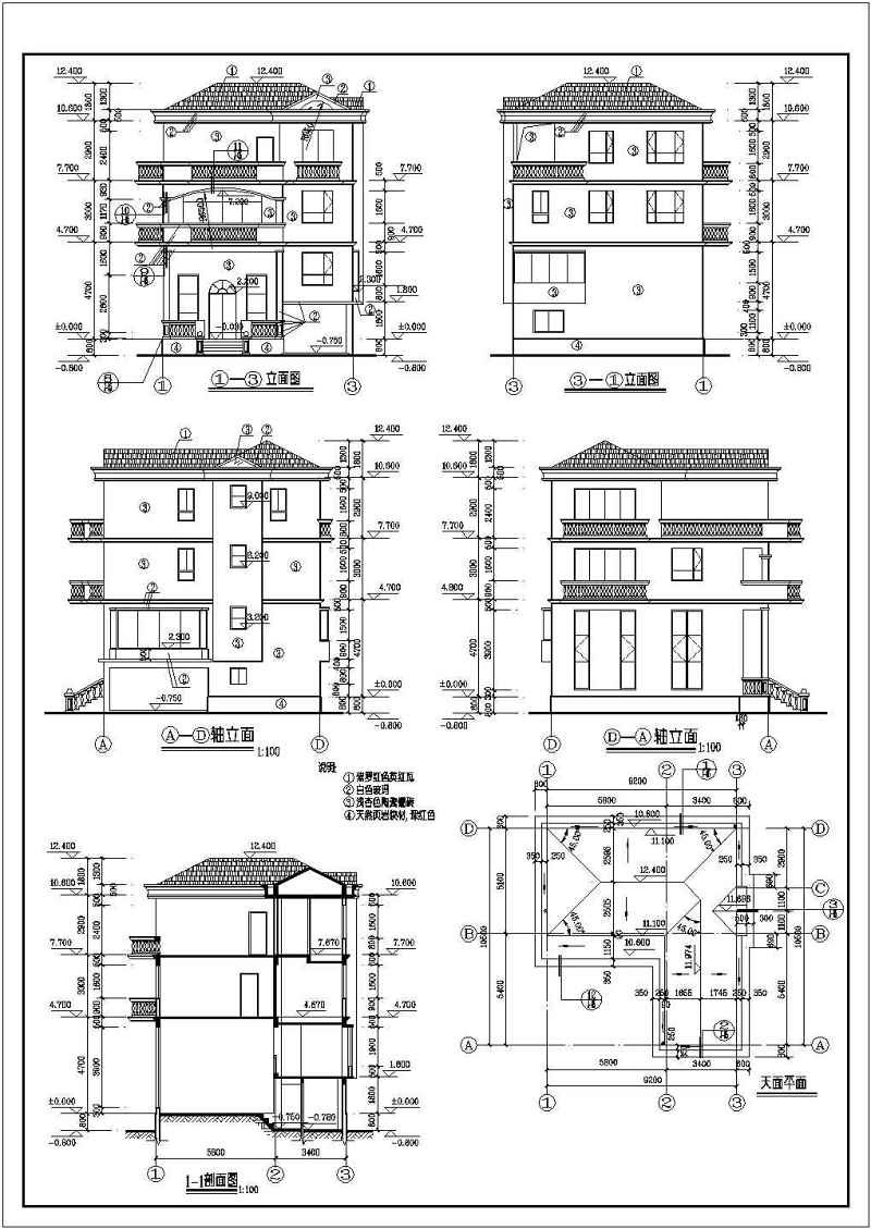 某新农村三层带夹层别墅建筑设计方案图