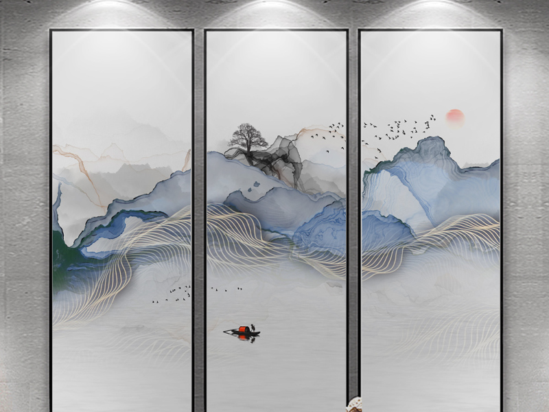 原创新中式意境抽象水墨山水条屏装饰画三联画