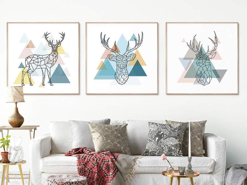 原创现代简约北欧几何麋鹿客厅三联装饰画-版权可商用
