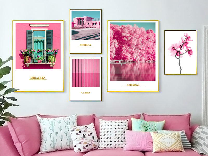 原创北欧ins现代简约粉红色小清新风景花卉组合照片墙装饰画-版权可商用