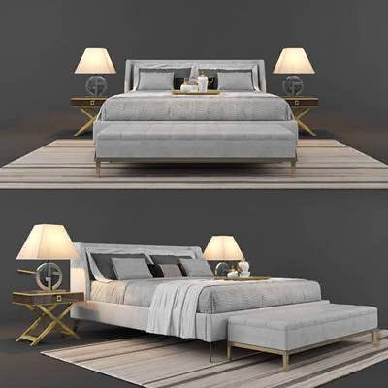 现代双人床床头柜台灯组合3D模型下载 现代双人床床头柜台灯组合3D模型下载