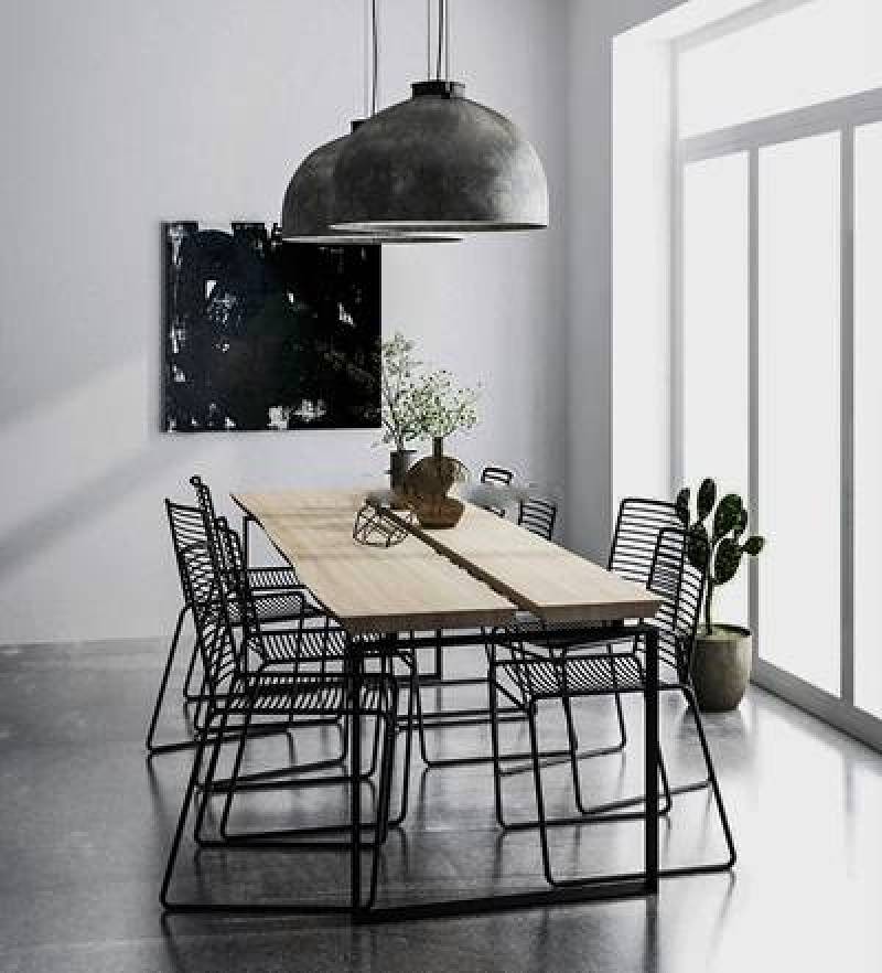 现代工业风餐桌椅吊灯组合3D模型下载 现代工业风餐桌椅吊灯组合3D模型下载