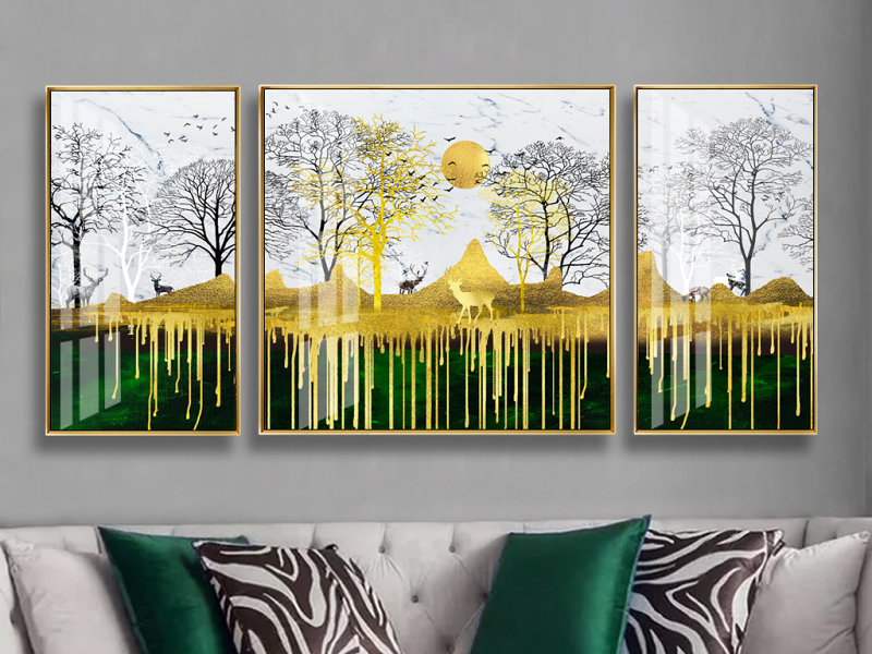 原创现代简约金色抽象森林麋鹿风景三联装饰画-版权可商用