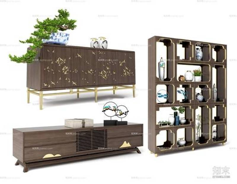 新中式实木电视柜边柜装饰柜摆件组合3D模型下载 新中式实木电视柜边柜装饰柜摆件组合3D模型下载
