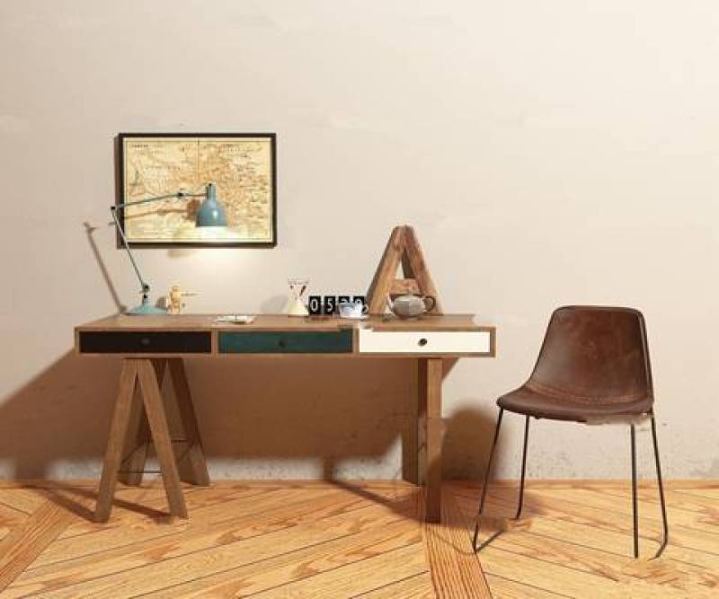工业风办公桌椅台灯组合3D模型下载 工业风办公桌椅台灯组合3D模型下载