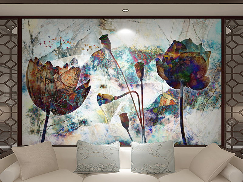 新中式荷花莲蓬电视沙发背景墙壁画