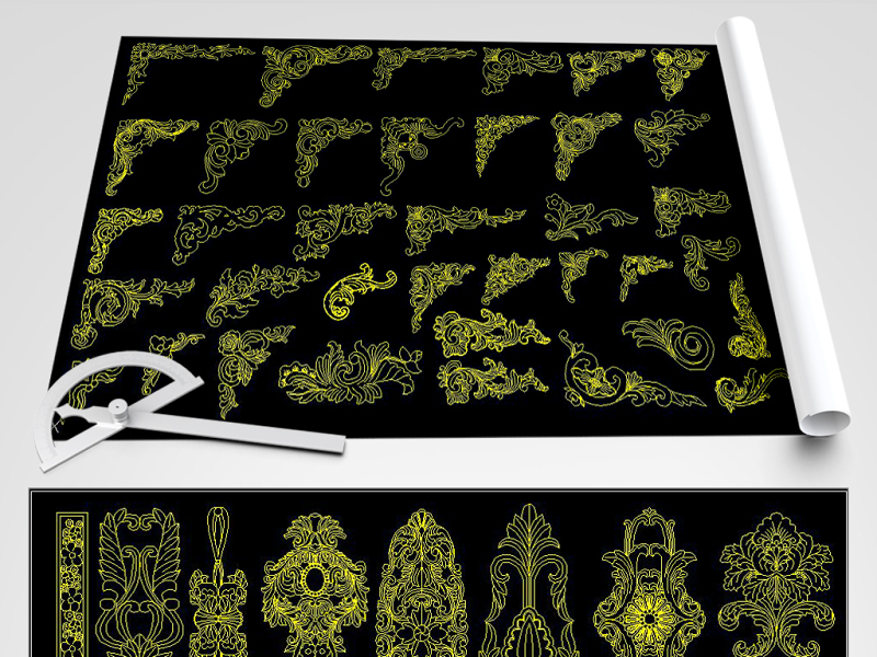 原创精品欧式雕花角花金色系欧式花边花纹CAD图库-版权可商用