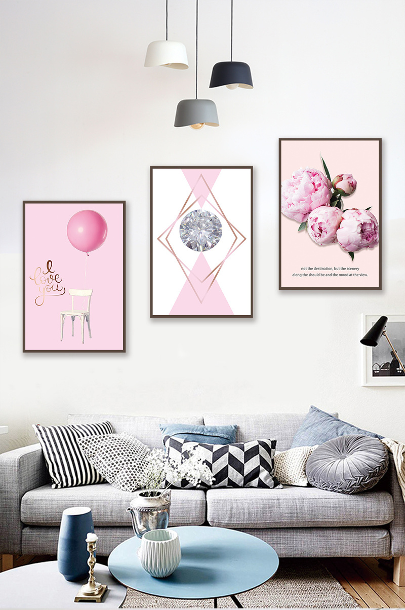 北欧小清新粉色气球花卉三联装饰画