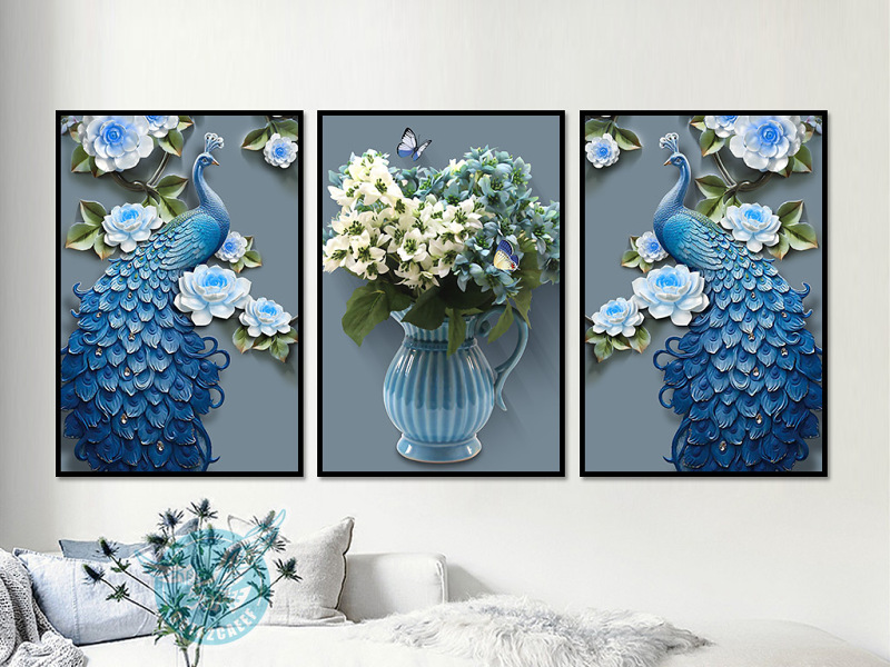 原创新中式3D立体浮雕蓝孔雀花瓶三联装饰画