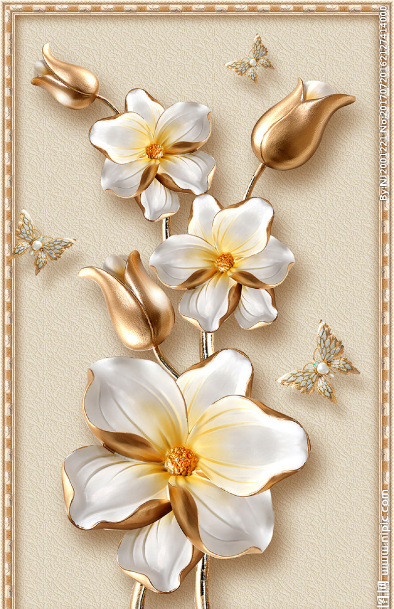 3D立体奢华金色花朵珠宝玄关图片