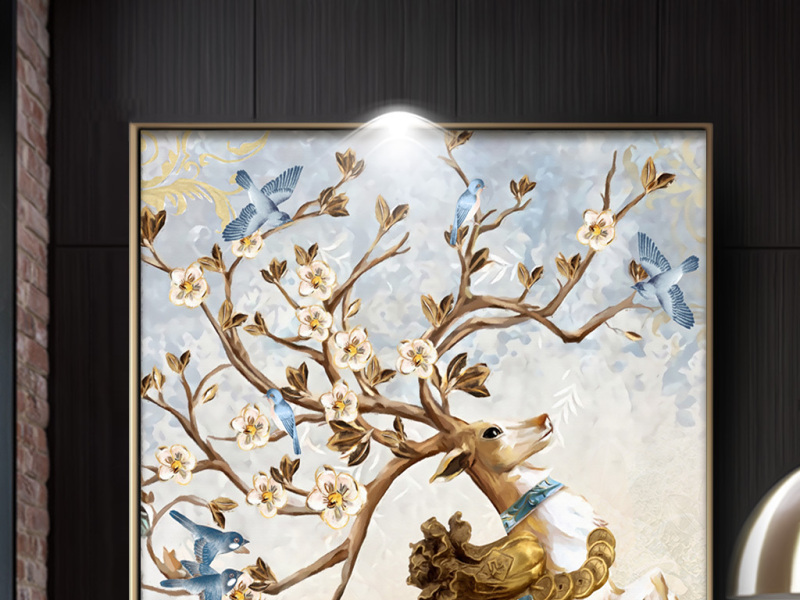 原创欧式立体浮雕发财树麋鹿过道玄关背景墙壁画-版权可商用