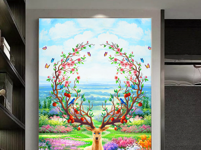 原创北欧简约油画麋鹿田园风光风景玄关背景墙-版权可商用