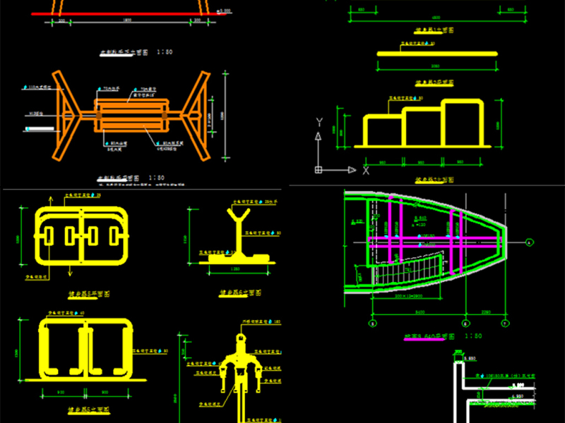 原创儿童游乐场娱乐设施船秋千架cad设计图