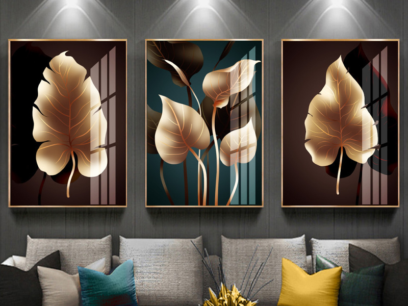 原创抽象手绘金色植物叶子现代简约轻奢装饰画-版权可商用