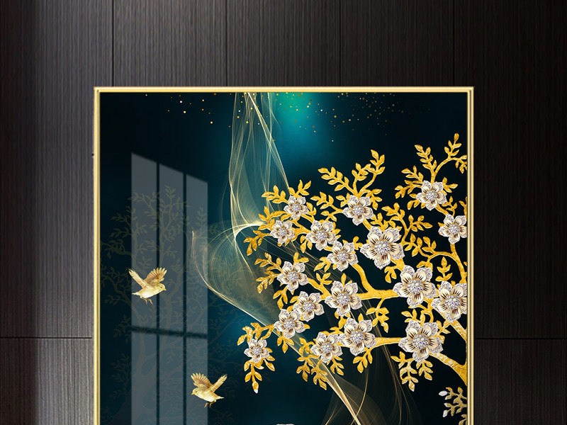 原创现代时尚轻奢手绘金色发财树斑马晶钻晶瓷装饰画-版权可商用