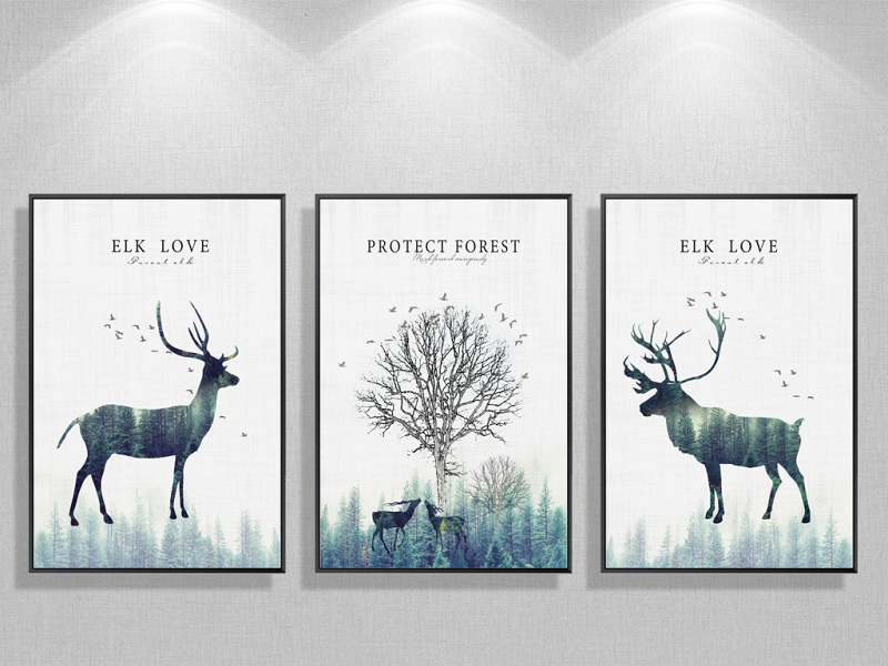 原创北欧简约抽象森林麋鹿装饰画三联清新无框画