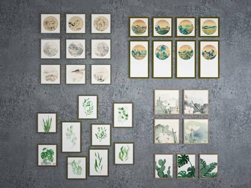 新中式手绘山水植物装饰画组合3D模型下载 新中式手绘山水植物装饰画组合3D模型下载