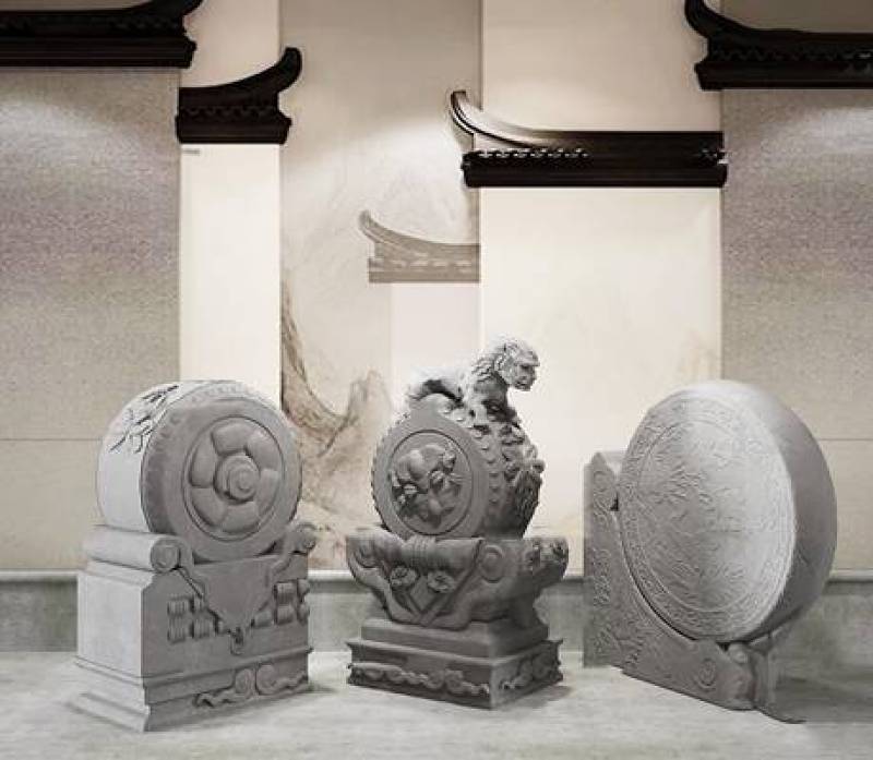 新中式抱鼓石雕塑组合3d模型下载 新中式抱鼓石雕塑组合3d模型下载