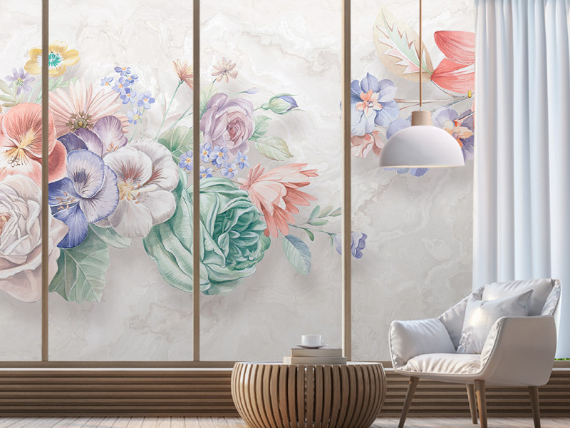原创北欧简约手绘花朵蝴蝶大理石纹背景墙壁画-版权可商用