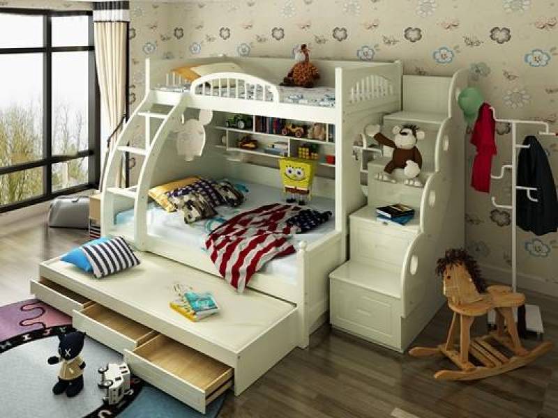 欧式儿童白色高低床玩具组合3D模型下载 欧式儿童白色高低床玩具组合3D模型下载