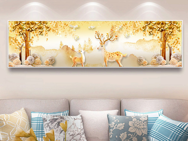 原创复古黄金发财树麋鹿抽象北欧装饰画