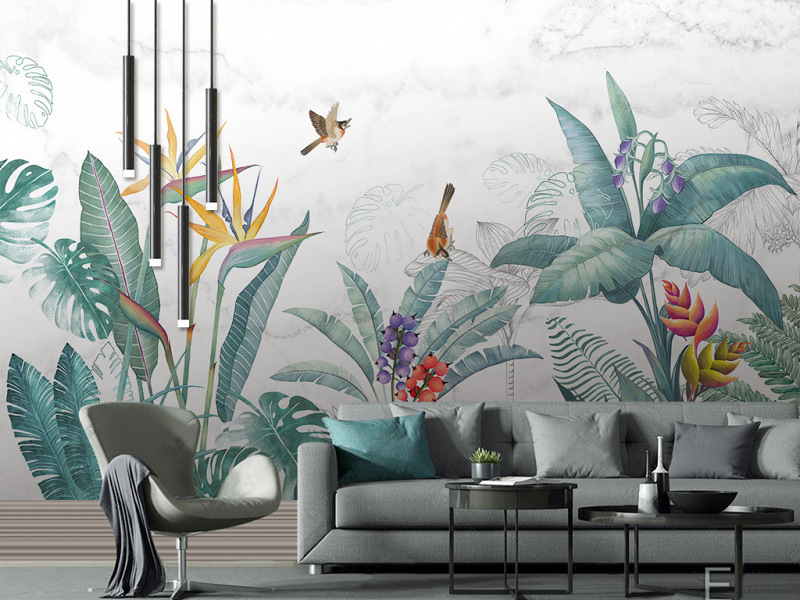 原创北欧手绘小清新热带植物花鸟背景壁画-版权可商用