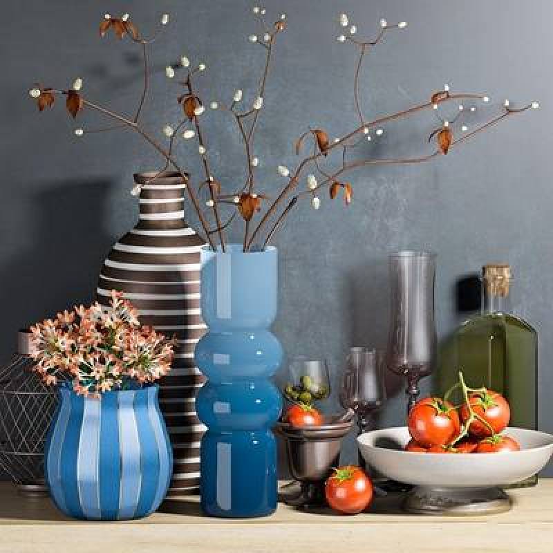 现代陶瓷餐具西红柿玻璃花瓶插花组合3D模型下载 现代陶瓷餐具西红柿玻璃花瓶插花组合3D模型下载
