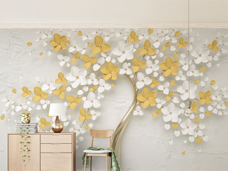 原创新款清新柠檬黄3d立体浮雕花朵简约背景墙-版权可商用