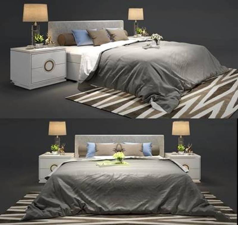 现代布艺双人床床头柜台灯组合3D模型下载 现代布艺双人床床头柜台灯组合3D模型下载
