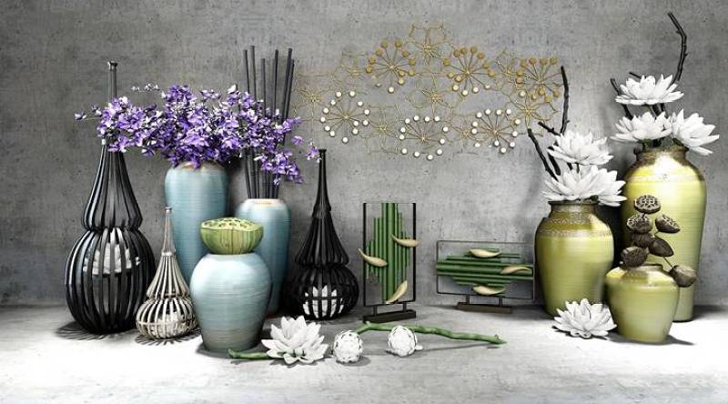 新中式花瓶插花摆件装饰品组合3D模型下载 新中式花瓶插花摆件装饰品组合3D模型下载