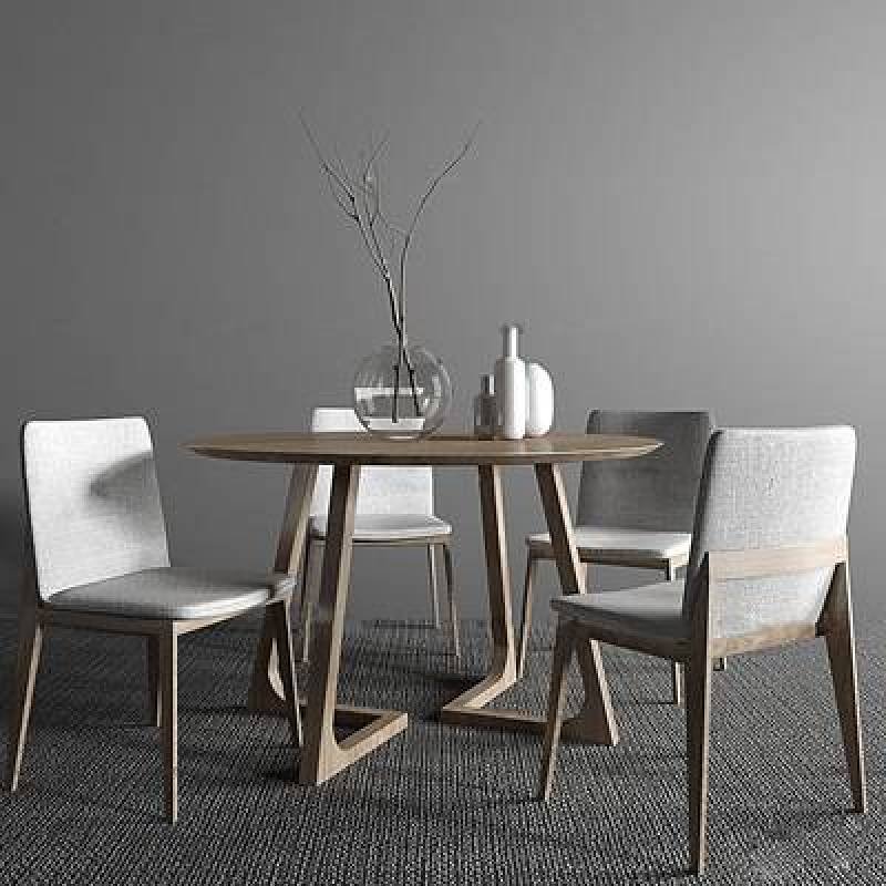 北欧实木圆形餐桌椅摆件组合3D模型下载 北欧实木圆形餐桌椅摆件组合3D模型下载
