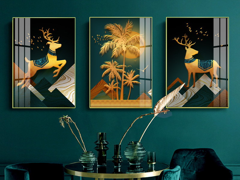 原创美式复古麋鹿椰树现代简约三联轻奢装饰画-版权可商用