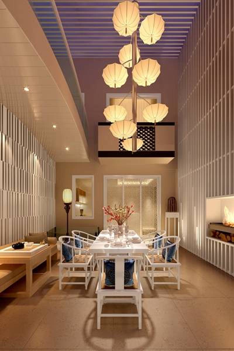 新中式家居餐厅 金色铜艺伞组合吸顶灯 现代白色木艺餐桌椅组合3D模型下载 新中式家居餐厅 金色铜艺伞组合吸顶灯 现代白色木艺餐桌椅组合3D模型下载