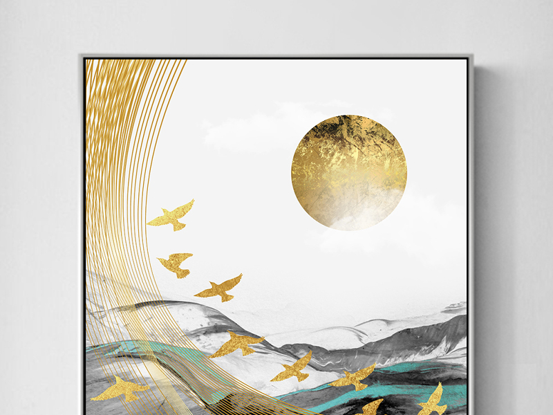 原创金色飞鸟新中式水墨山水蓝色抽象玄关装饰画