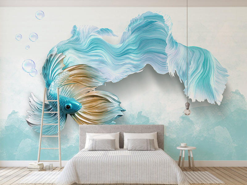 原创现代3d立体抽象蓝孔雀鱼背景墙-版权可商用