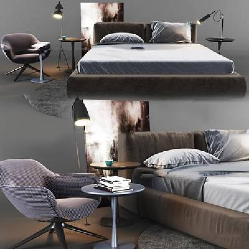 现代双人床休闲椅台灯组合3D模型下载 现代双人床休闲椅台灯组合3D模型下载