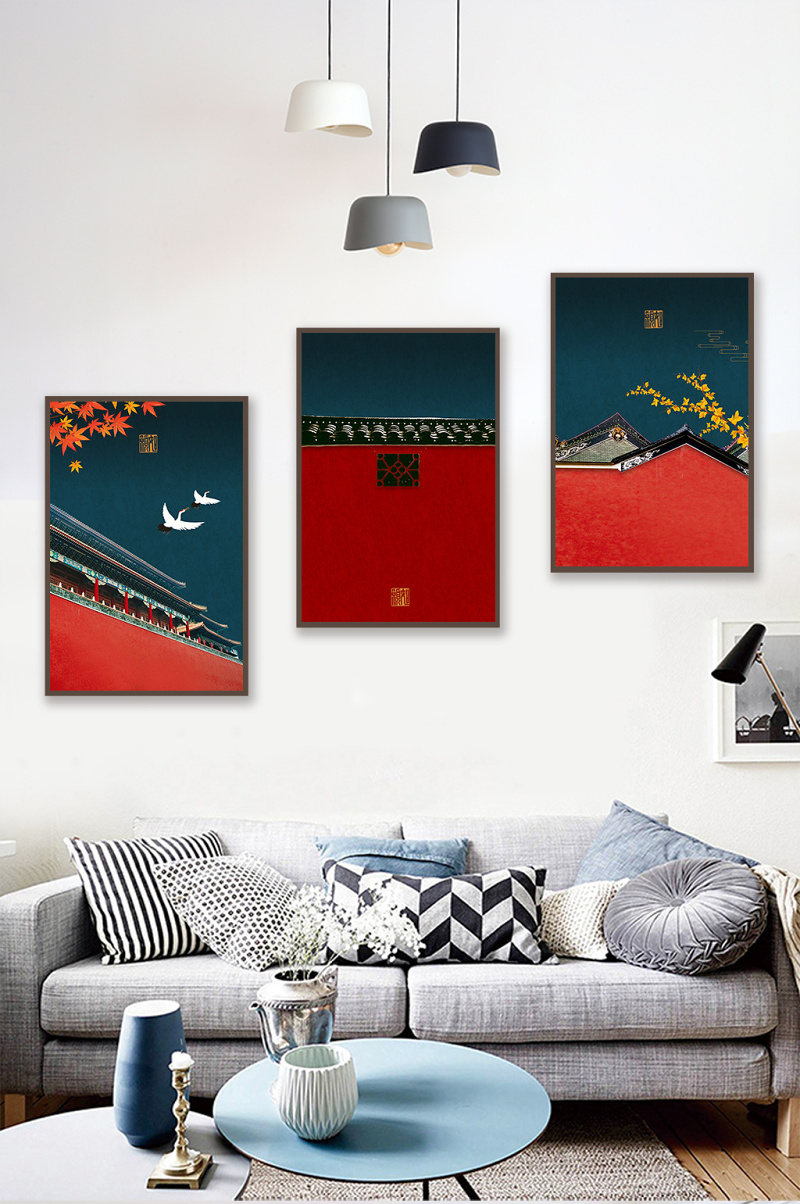 中国风墙画故宫古建筑壁三联装饰画