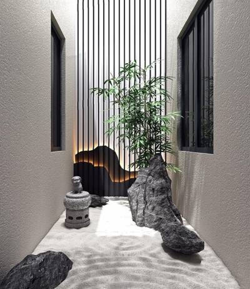 新中式景观 绿植 水纹沙子 石头 中式小景 竹子 背景墙3d模型下载 新