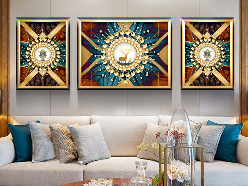 原创古典欧式复古抽象金色麋鹿奢华客厅装饰画-版权可商用