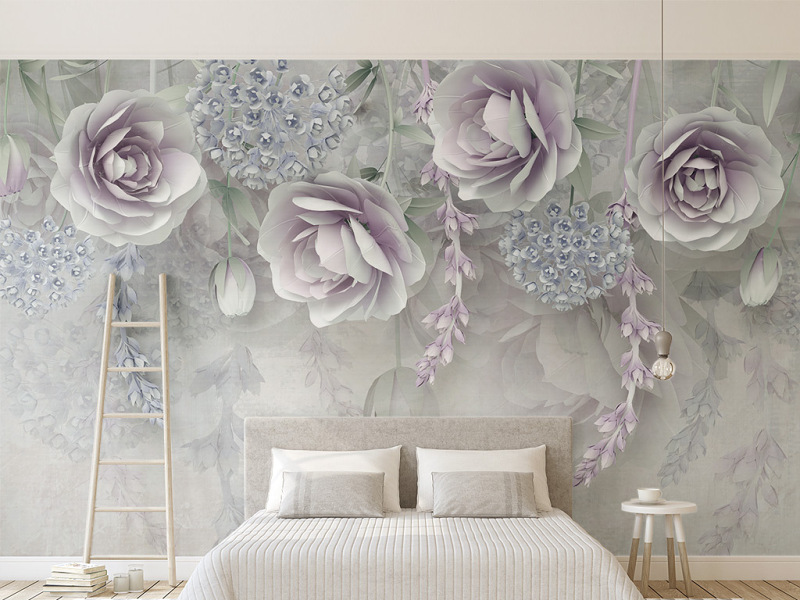 原创新款淡紫色花卉3d立体浮雕花朵电视背景墙-版权可商用