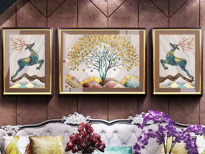 原创欧式复古抽象麋鹿发财树大理石客厅装饰画-版权可商用
