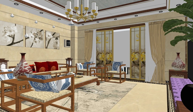 中式客厅餐厅室内设计SU模型下载 中式客厅餐厅室内设计SU模型下载