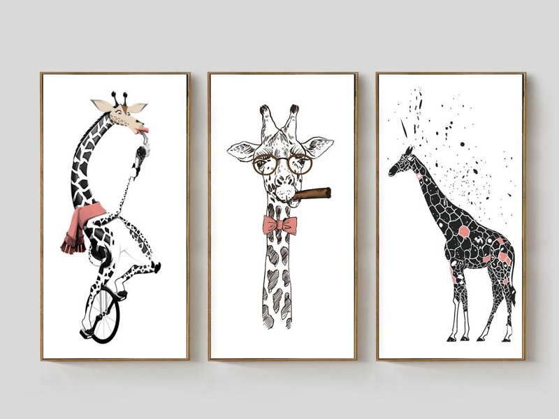原创北欧风格简约彩绘抽象长颈鹿装饰画有框画