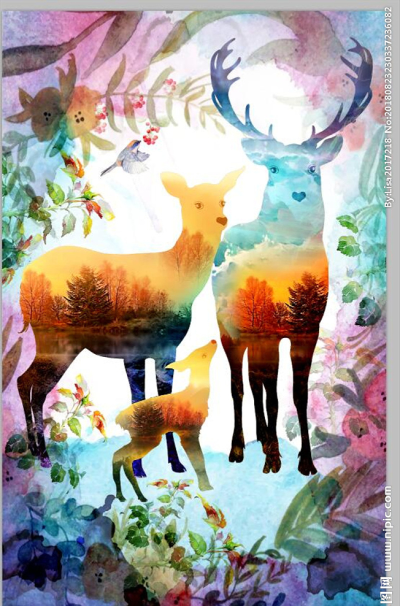 北欧麋鹿森林色彩水墨玄关屏风背图片