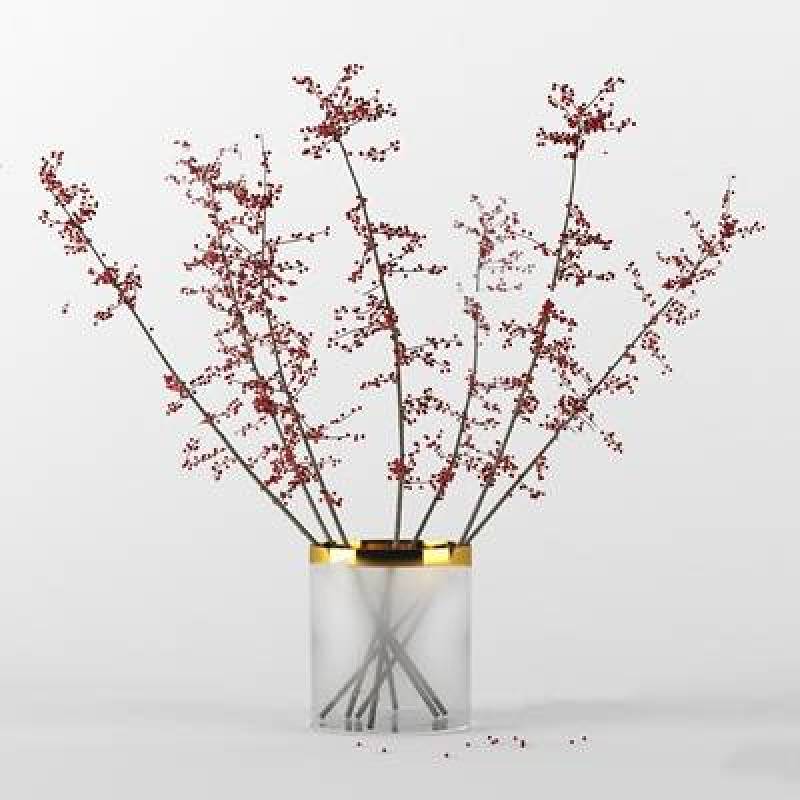 现代玻璃花瓶红豆插花组合3D模型下载 现代玻璃花瓶红豆插花组合3D模型下载