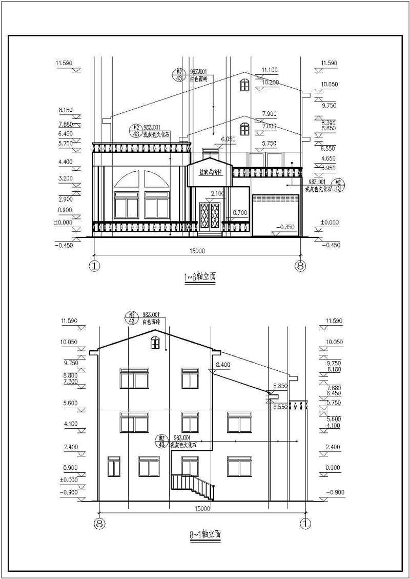 三层砖混结构的单体别墅建筑设计CAD施工图纸